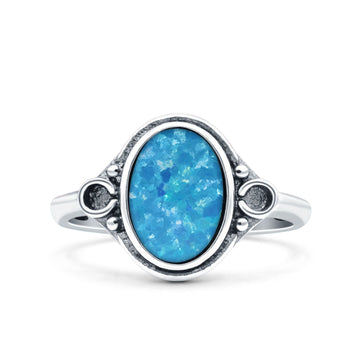 Vintage Style Petite Dainty Lab Created Blue Opal Ring Solid Oval Oxidized 925 Sterling Silver
